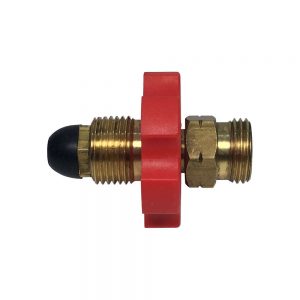 A screw thred made from brass with a red twist locking nut