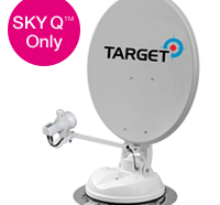 Glossy white maxview satellite with Target on the dish and a pink Sky Q only sign to its left