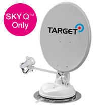 Glossy white maxview satellite with Target on the dish and a pink Sky Q only sign to its left